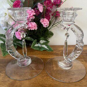Cambridge Chantilly Martha‎ Crystal Candle Holders Pair Art Deco Etched Prisms